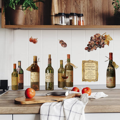 Censen 2 Sheets Wine Wall Decal Stickers Artwork Peel and Stick Wine Bottle Wall Glass Kitchen Grape Fruit Decal Stickers for Kitchen Dining Room Bar Home Restaurant