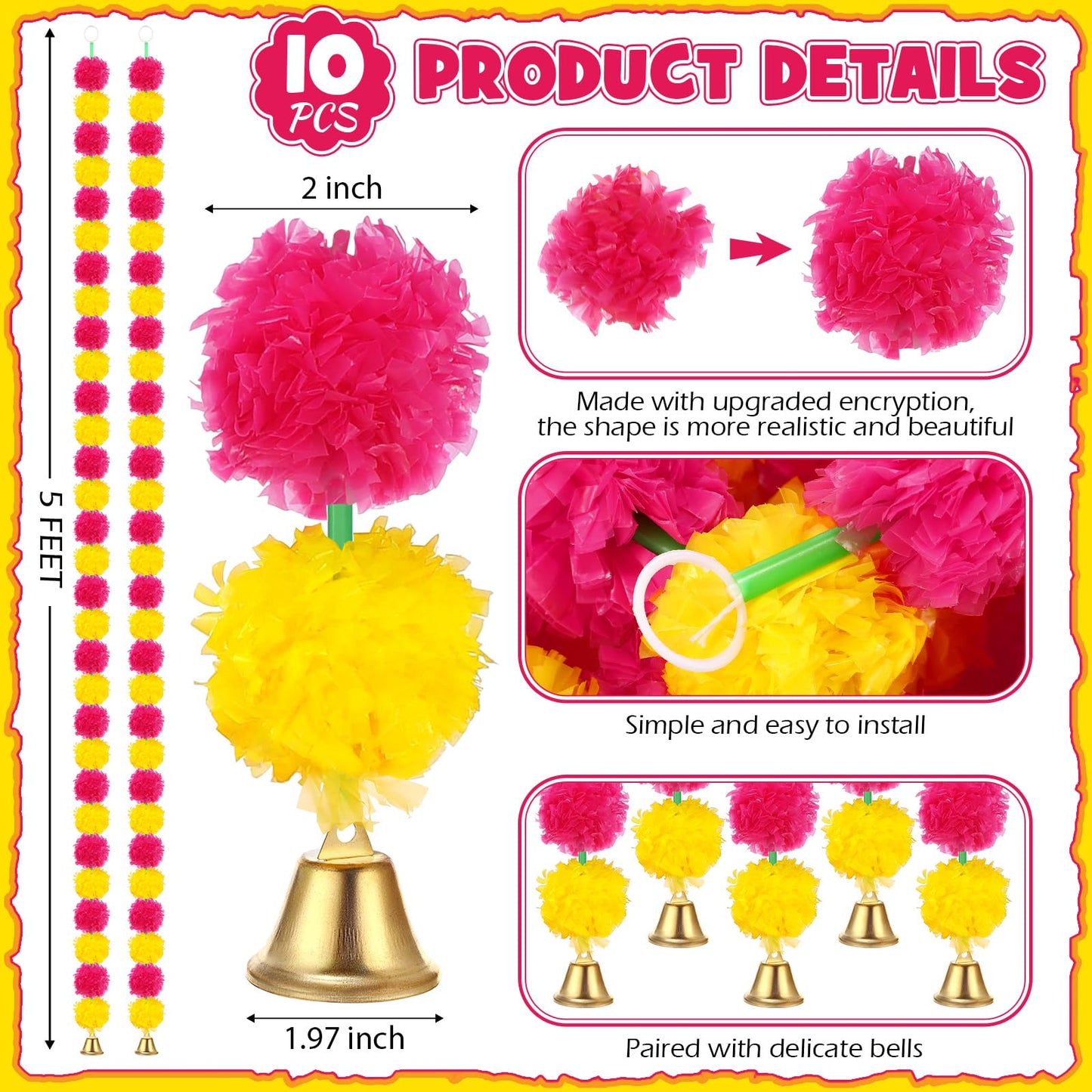 Riceshoot 10 Pcs Marigold Garland for Decoration Diwali Decor 5 Ft Long Artificial Marigold Flowers with Golden Bell Indian Garland for Pooja Wedding Events Day of the Dead Decor (Yellow and Purple)