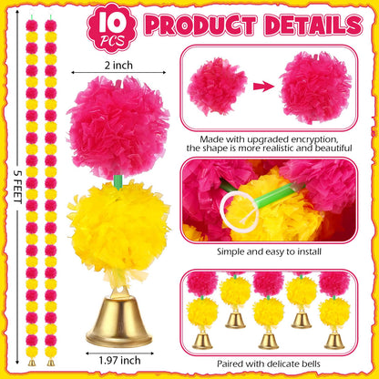 Riceshoot 10 Pcs Marigold Garland for Decoration Diwali Decor 5 Ft Long Artificial Marigold Flowers with Golden Bell Indian Garland for Pooja Wedding Events Day of the Dead Decor (Yellow and Purple)