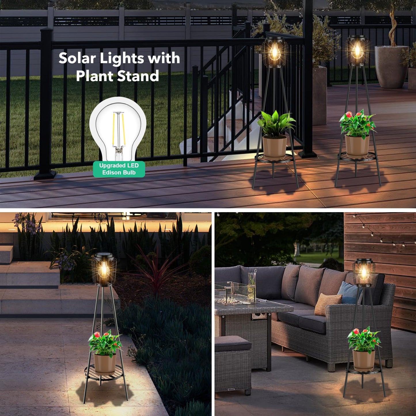 MXwcy 2 Pack Solar Lights Outdoor with Plant Stands, Solar Floor Lamp with LED Edison Bulbs for Garden Yard Pathway Driveway Front/Back Porch Decoration