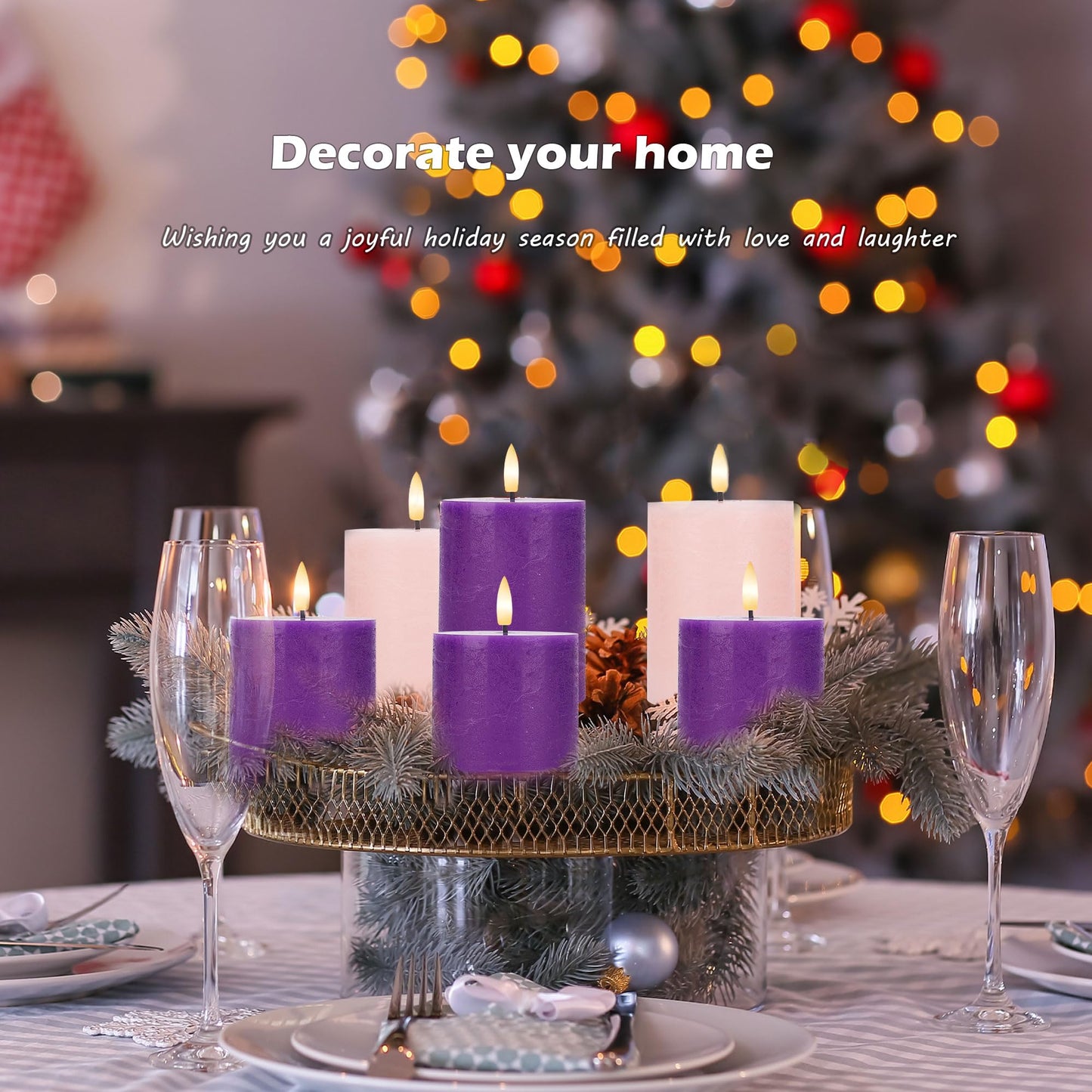 AFINETH Flamelss Advent Candles, Battery Operated Wax Pillar Candles with Remote, Flat Top Flickering Flameless Candles, LED Candles for for Christmas, Catholic, Advent, Wreath, Purple and Pink