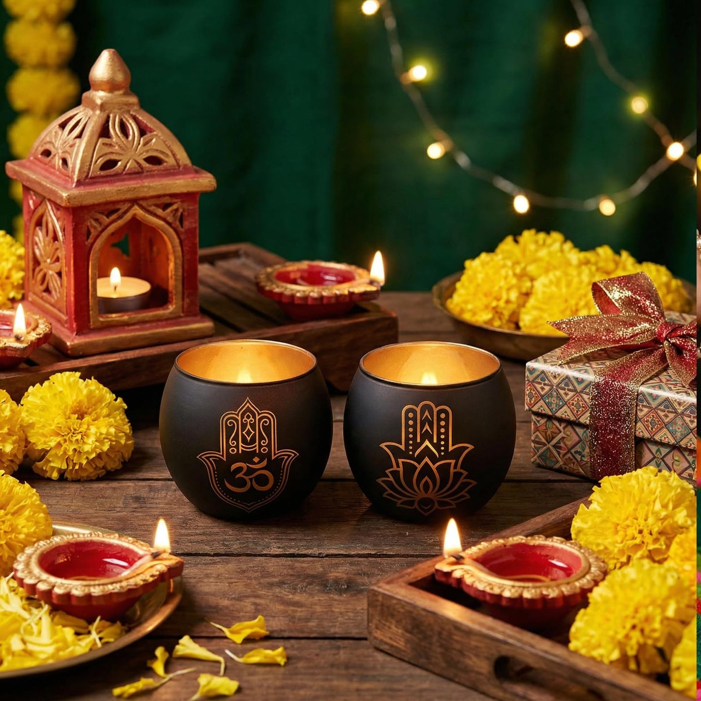 Hamsa Hand & Lotus Candle Holder Set of 2, Black and Gold Glass Votive Tealight Holders for Zen Meditation Decor, Om Symbol Decor for Yoga Room, Spa Bathroom & Diwali Decorations for Home
