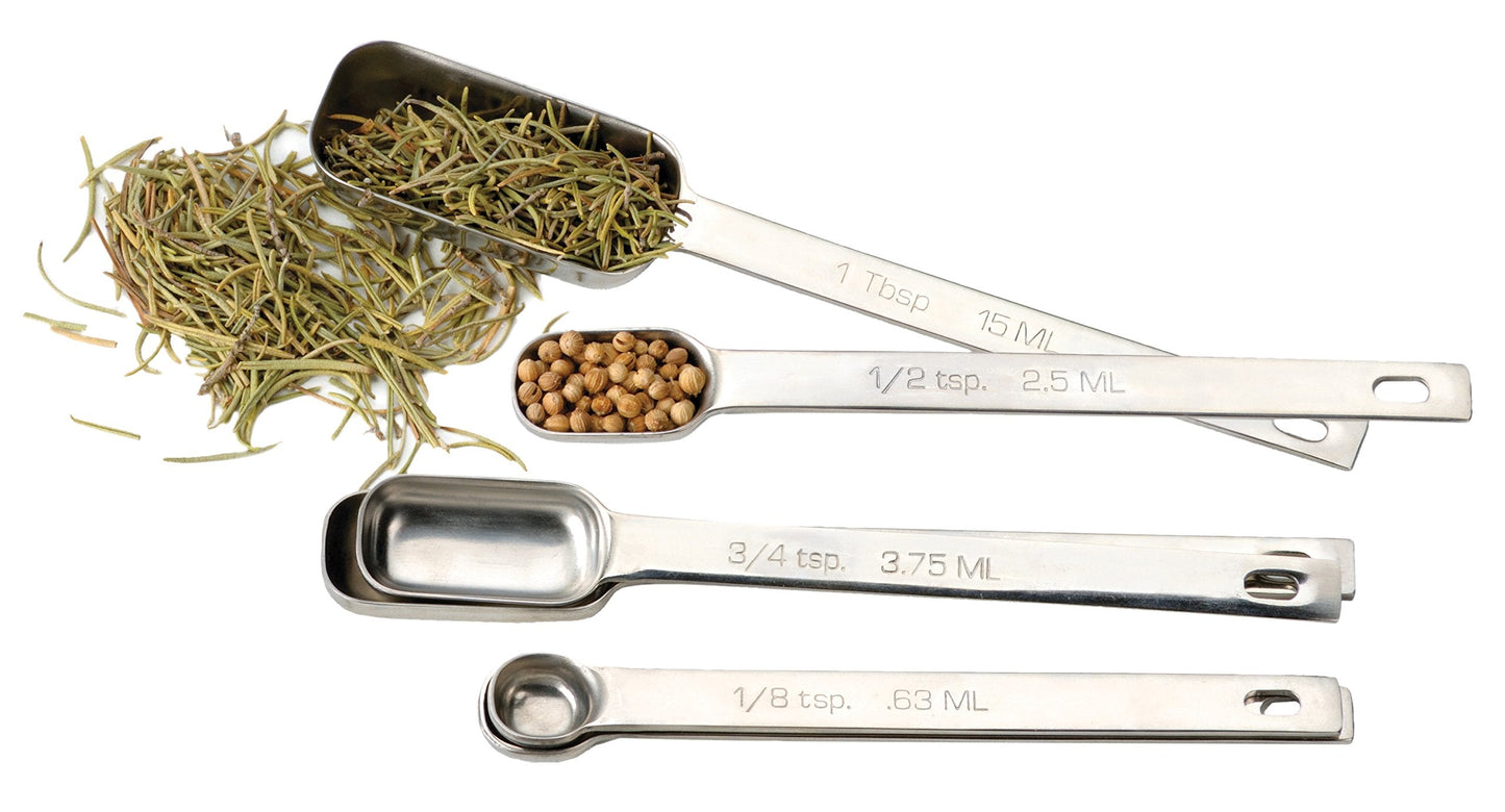 RSVP International Endurance Stainless Steel Spice Measuring Spoons, Set of 6 | 1/8 tsp to 1 Tbsp Measurements | Nest for Easy Storage | Dishwasher Safe | Dry or Liquid | Baking or Cooking