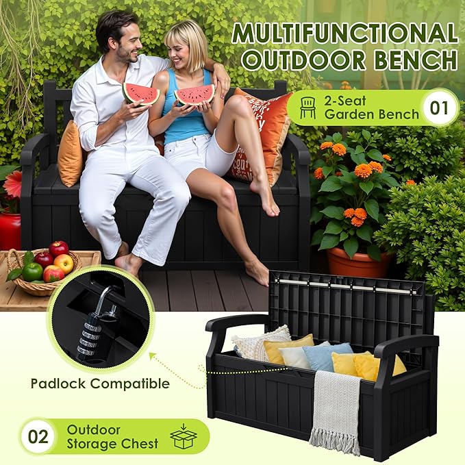Greesum 80 Gallon Outdoor Storage Bench, Weather-Resistant Deck Box, Patio Furniture Bench for Backyard, Garden, Porch, Large Capacity Seat for Pillows Cushions Patio Accessories, Dark Black