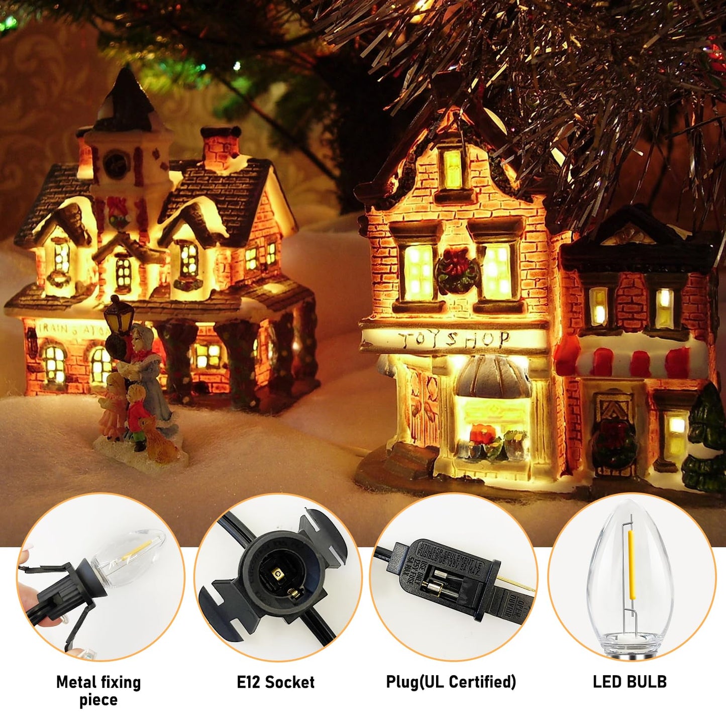 Accessory Cord with 5 LED Light Bulb and Female Plug, 11 Ft Christmas Village Light Cord with Clip, C7 Led Night Lights for Indoor Crafts Halloween Pumpkin Christmas Village House Decor, Black Wire