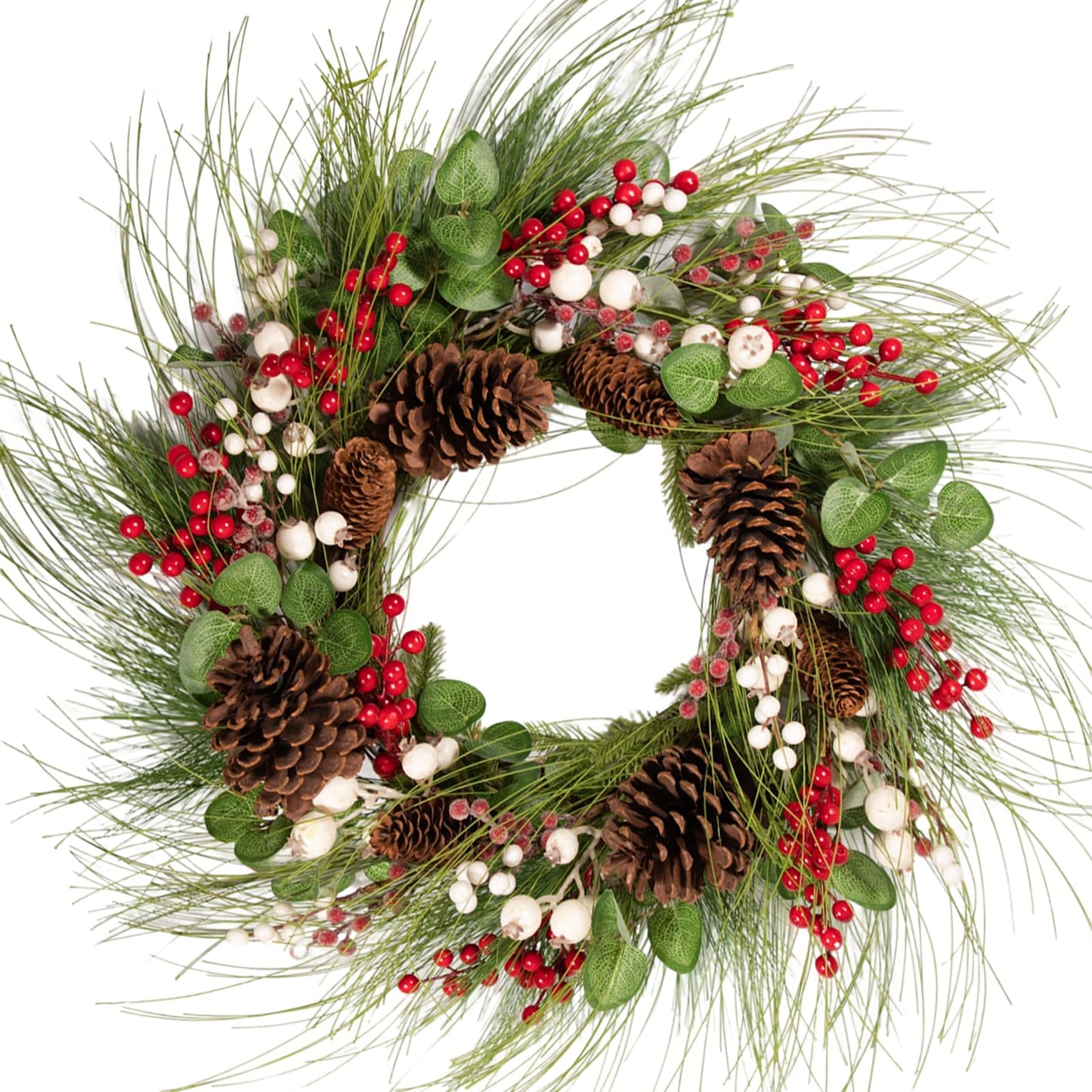 wwmira 26 Inch Large Christmas Wreath for Front Door, Extra-Large Artificial Wreath with Pine Cones, Red & White Berries, Nuts and Eucalyptus on Grapevine Base, Big Outdoor Holiday Decor
