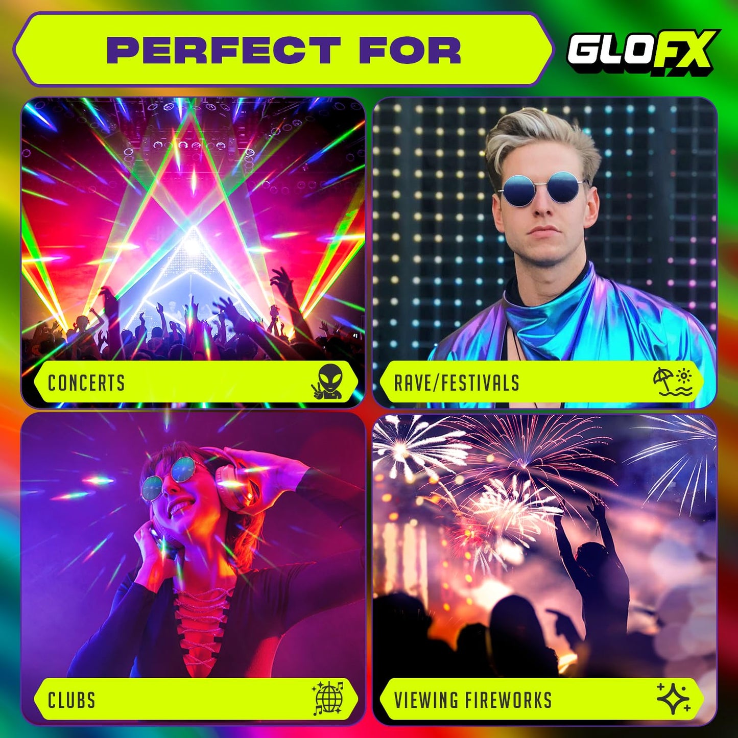 GloFX Blue Mirror Diffraction Glasses | Round Metal Frame with 3D Prism Effect