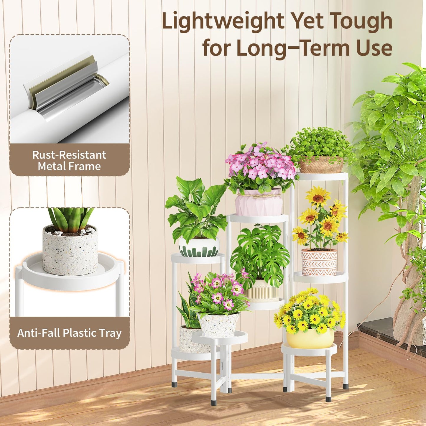 LASZOLA 8 Tiered Plant Stand Indoor Outdoor with Plastic Tray, Corner Folding Tall Flower Display Rack, Modern Plant Holder Shelf for Outdoor Patio Porch Garden Office Living Room, White