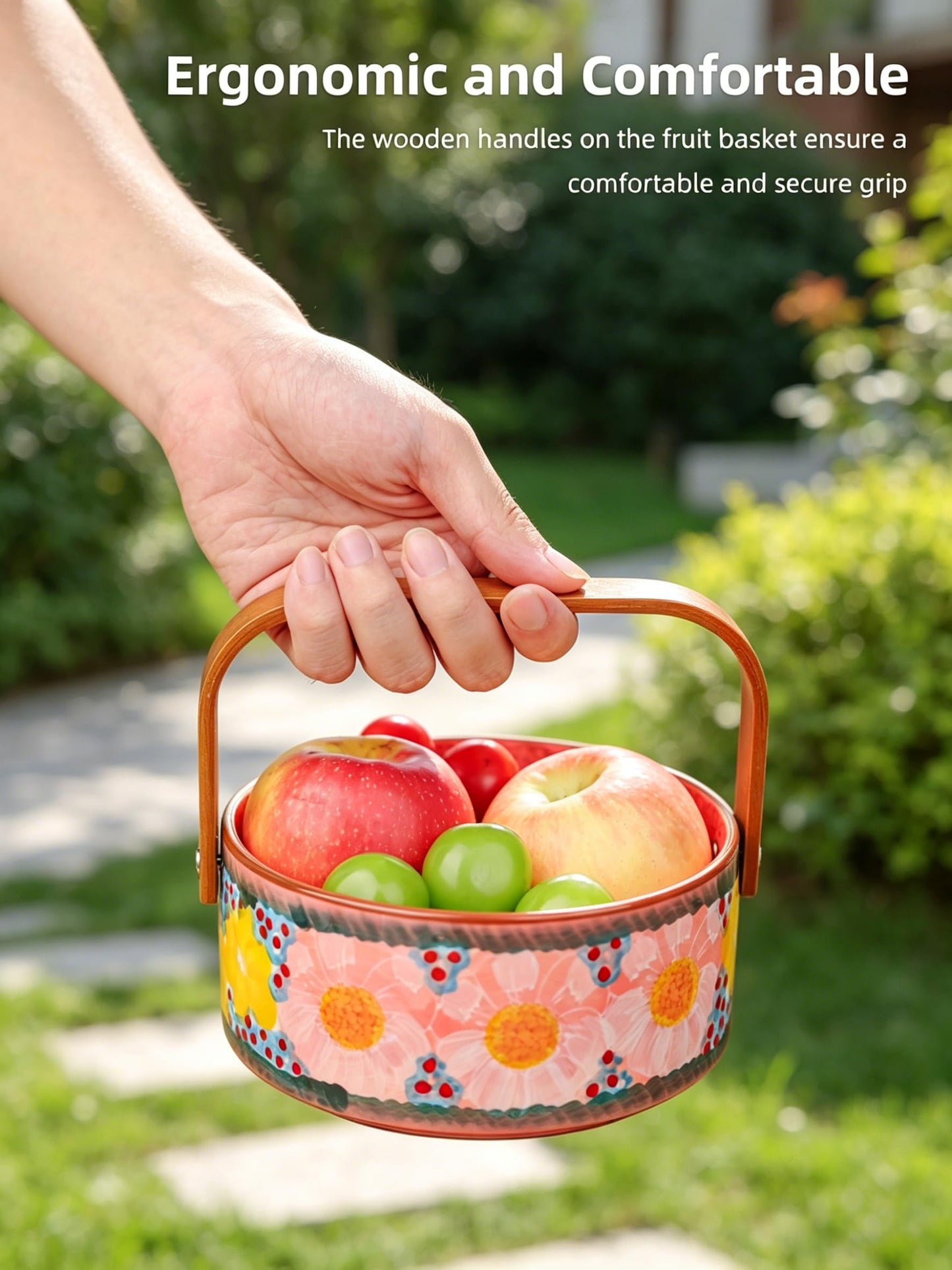 silesia Handmade Candy Bowl with Wooden Handle, 20 oz Hand-Painted Berry Bowl, Portable Handcrafted Serving Dish for Fruit, Nuts & Snacks, Rustic Farmhouse Decor (Glazed Pink)