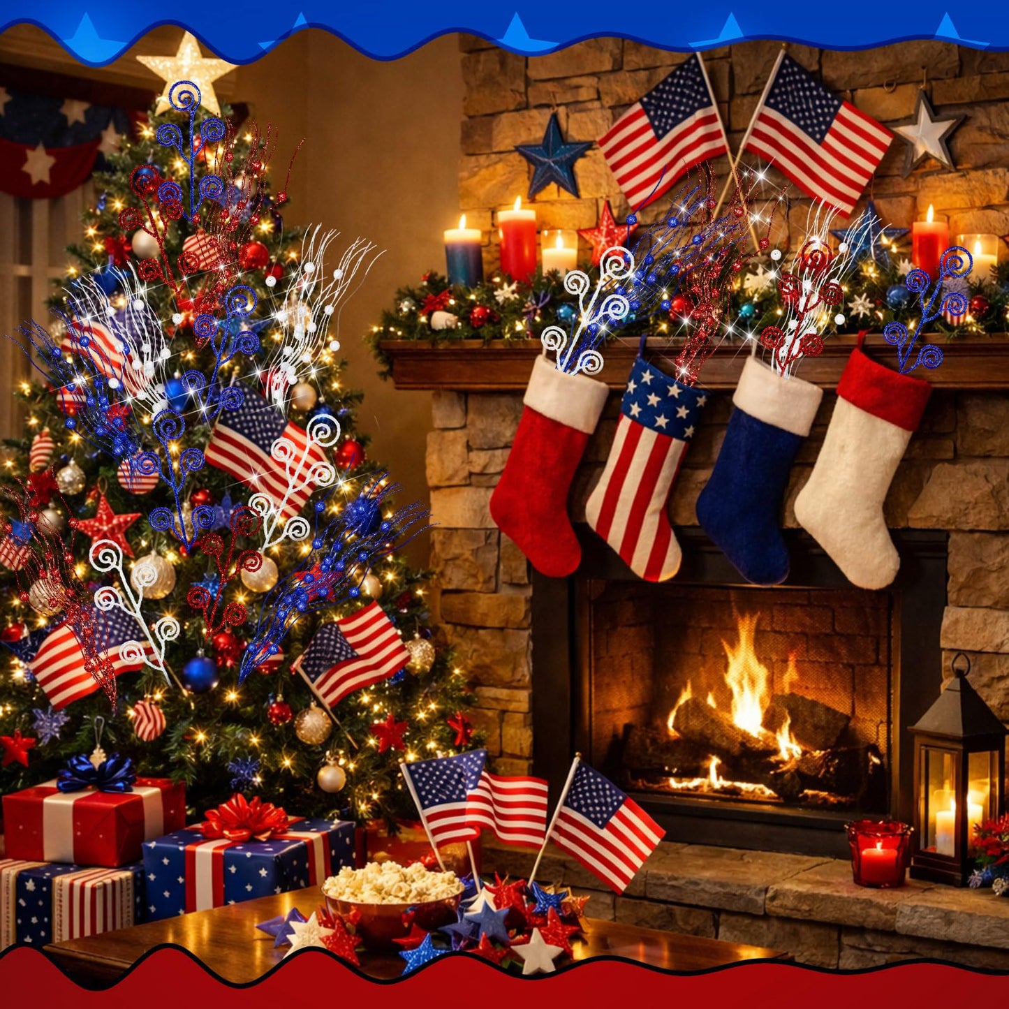 Daifunli 36 Pcs Red Blue White Patriotic Berry Stem Pick and Sprays Ornament 4th of July 17'' 12'' Artificial Flowers 250th Anniversary Independence Day Glitter Branch Stick Filler for Wreath Vase