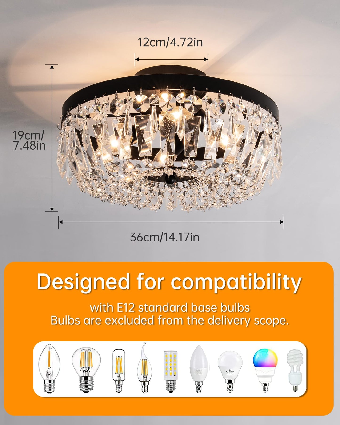 KSRYSZCQ Black Crystal Ceiling Light, 15''Modern Semi Flush Mount Ceiling Light Fiture 4-Light Crystal Chandelier with E12 Bulb for Dining Room, Kitchen Island, Bedroom Hallway