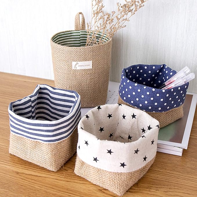 Foraineam 6 Pack Mini Hanging Storage Bag Cotton Linen Decorative Wall-Hanging