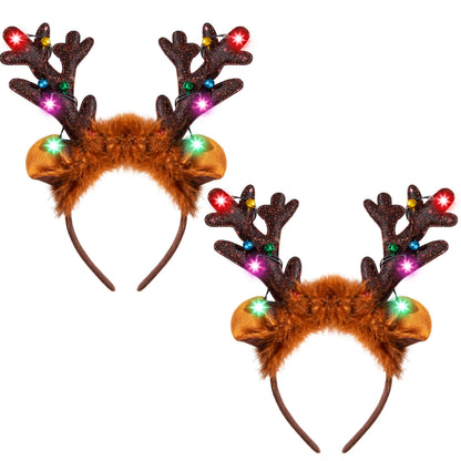 JOYIN Christmas 2PCS Reindeer Headband, Light-Up LED Antlers Reindeer Hat Holiday Headbands for Christmas Party Supplies and Holiday Parties Favors (ONE SIZE FITS ALL)