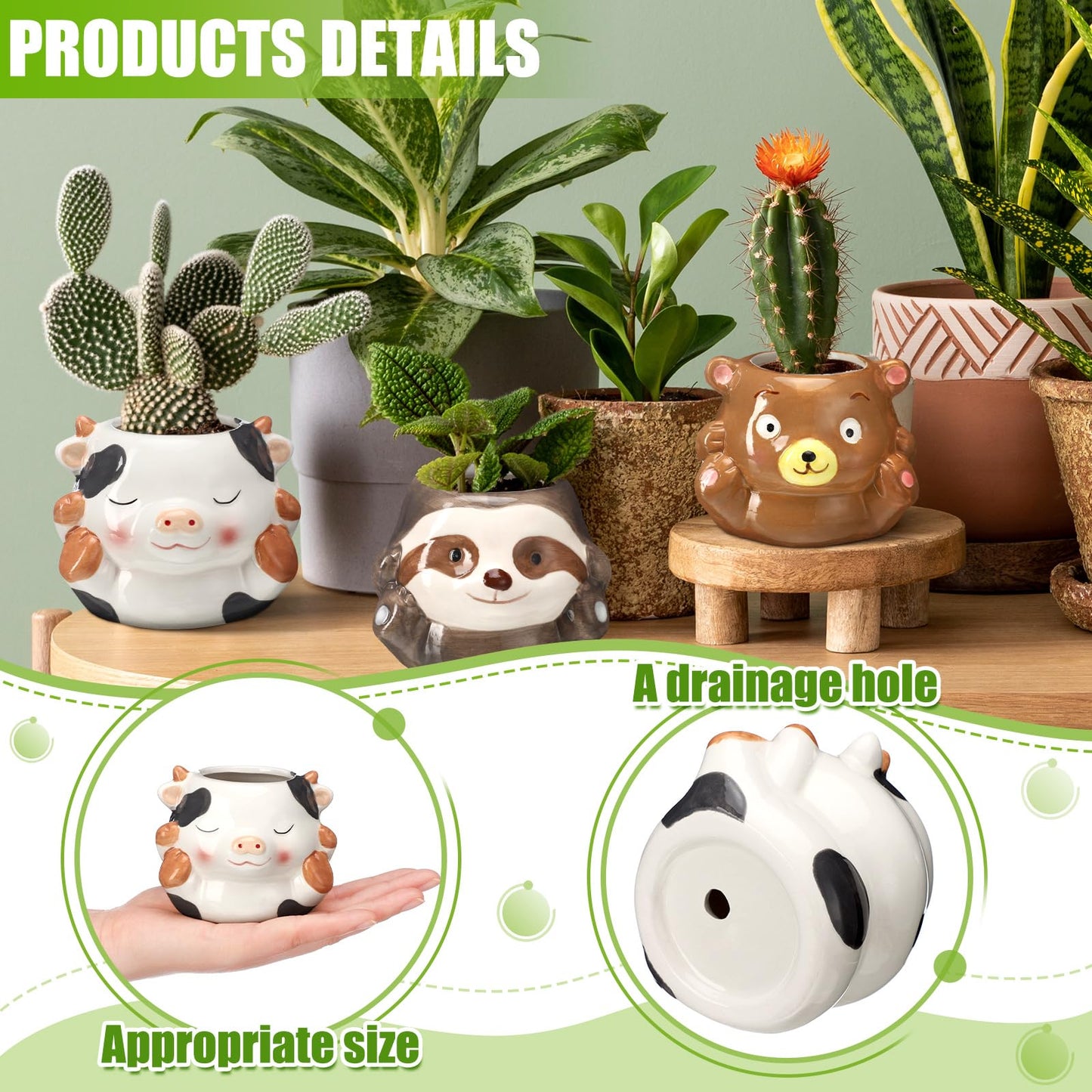 6 Pcs 3 Inch Cute Animal Succulent Pot Small Animal Ceramic Planter with Drainage Hole Office Desk Cartoon Ceramic Succulent Planters Garden Pots for Mini Plant Cactus Flower Women Gift Home Decor