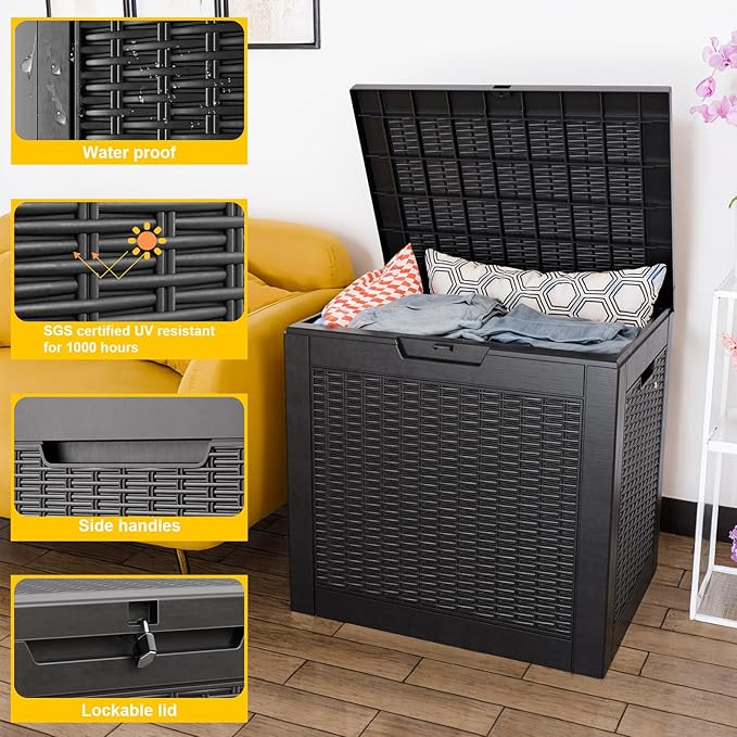 31 Gallon Outdoor Deck Box, Lockable Waterproof Outdoor Storage Boxes For Garden Tools,Indoor Cushions,Accessories Outside Storage Resin Weatherproof Container(Black)