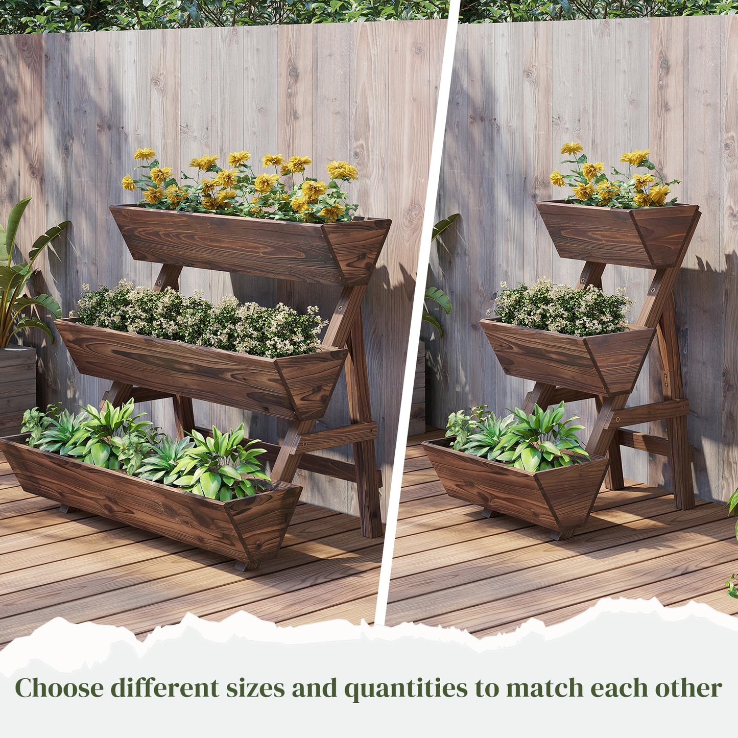 PULIJIAJU 3-Tier Wooden Vertical Raised Garden Bed with Legs, Tiered Planter Box, Vertical Garden Planter,Wood Plant Stand Wood Flower Rack for Patio, Balcony, Freestanding. (Carbonized-Large)