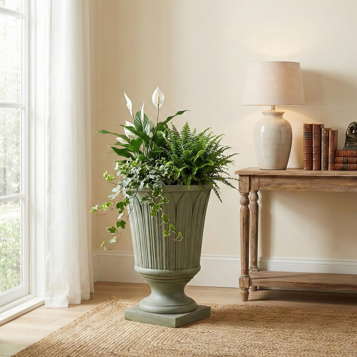 Merax 22.44" H Classical Embossed Leaf Pedestal Urn Planter Weather-Resistant MGO Outdoor Flower Pot for Garden Patio and Front Porch Entrance,Antique Mossy Grey
