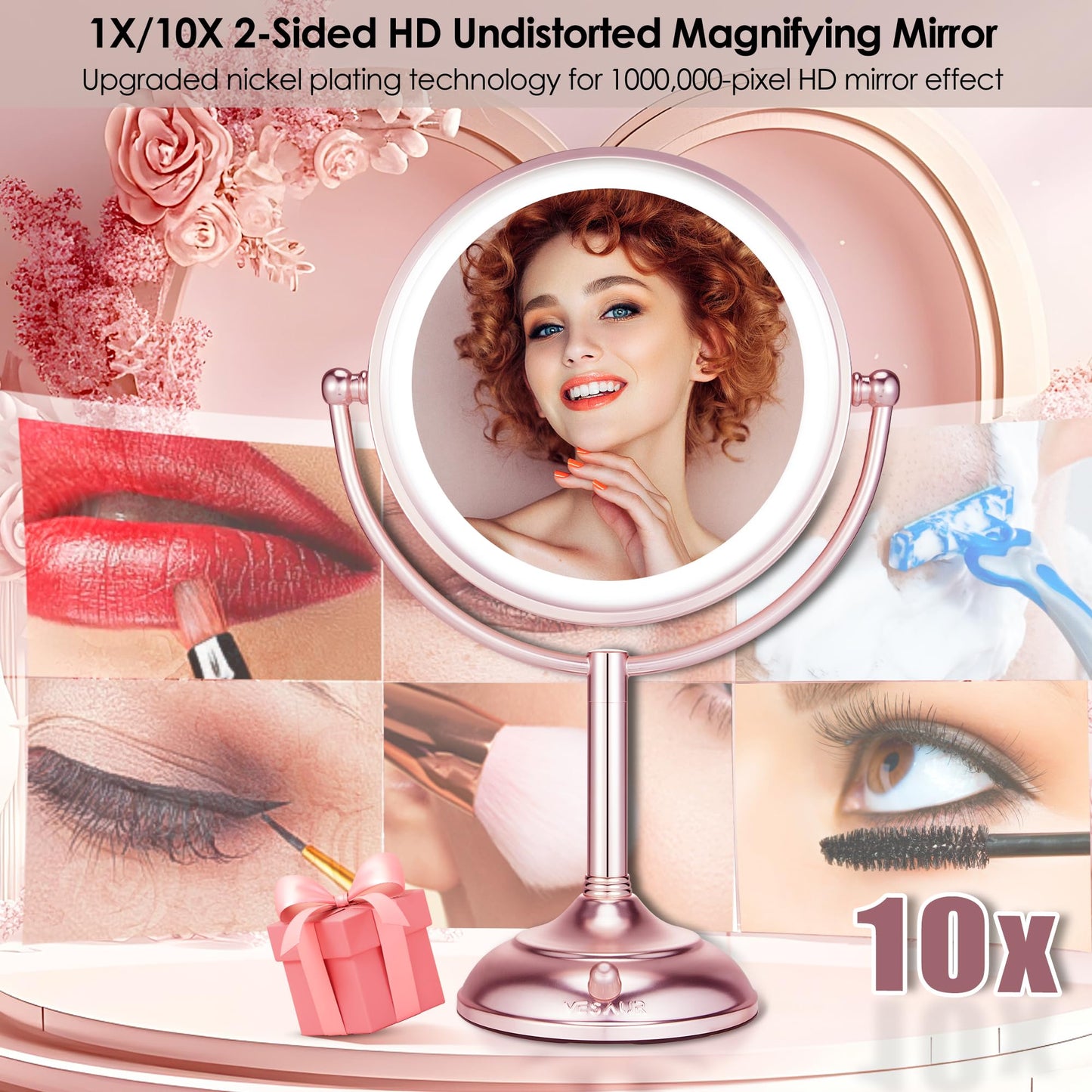 Professional 8.5" Large Lighted Makeup Mirror with Brighter Lights, 1X/10X True HD Magnifying Mirror with 3 Color Dimmable Lights, 90 Shadowless LEDs, 360°Swivel Seamless Vanity Mirror, Pearl Nickel
