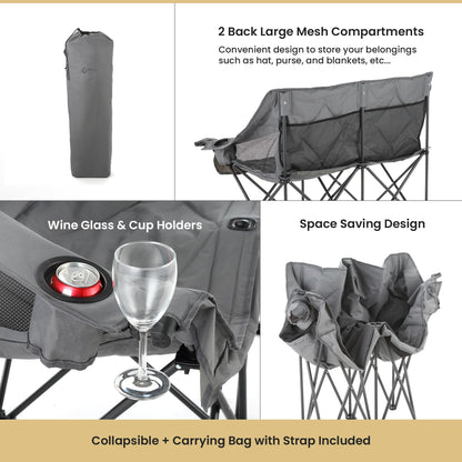 ARROWHEAD OUTDOOR 2-Pack Portable Folding Double Duo Camping Chair Loveseat w/ 2 Cup & Wine Glass Holder, Carrying Bag, Supports up to 650lbs