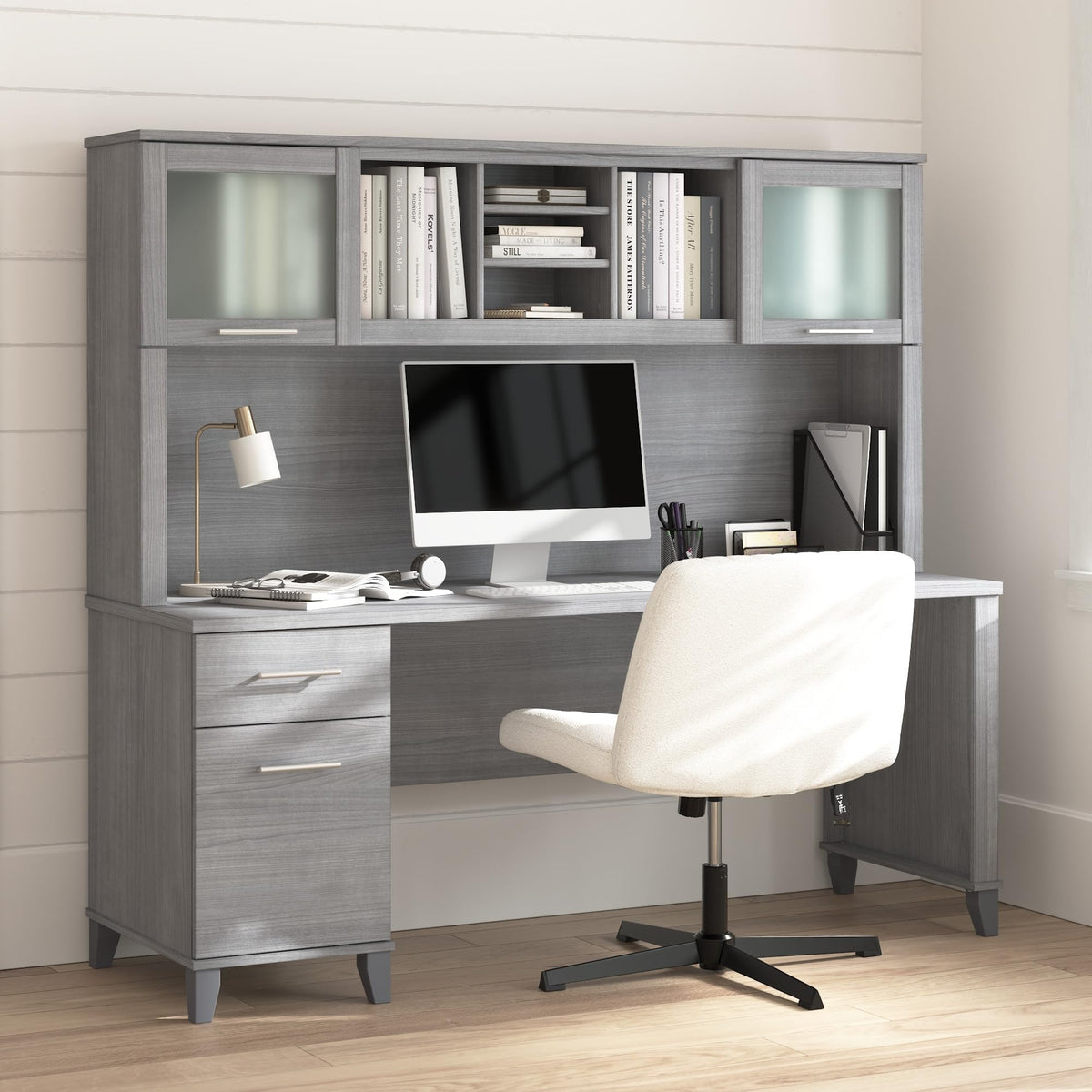 Bush Home 72-Inch Office Desk with Drawers and Hutch, Computer Desk with File and Box Drawers, Shelves and Storage Cabinet, Home Office Workstation, Somerset Collection, Platinum Gray