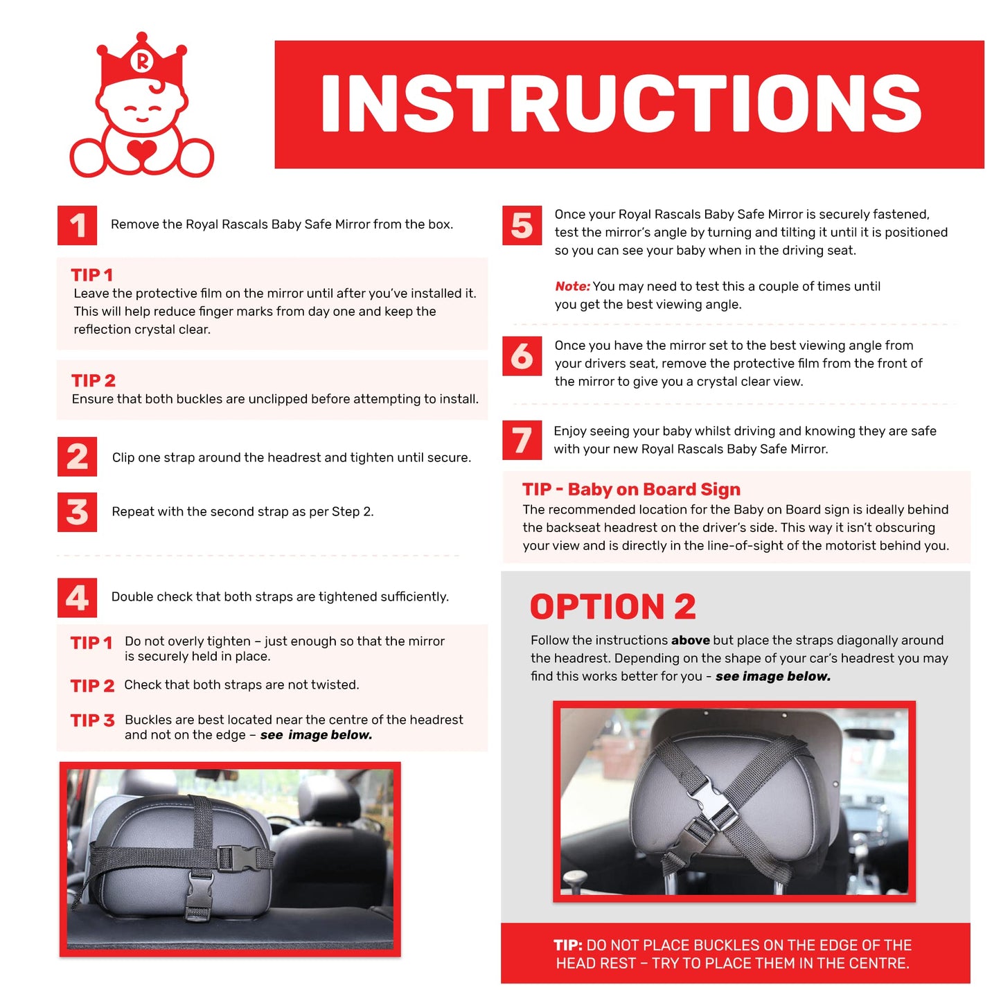 Royal Rascals Baby Car Mirror for Back Seat - Shatterproof Car Rear View Mirror w/360° Rotation, Adjustable Straps & Strong Mount, Essentials for Newborn Safety + Baby on Board Sign, Black