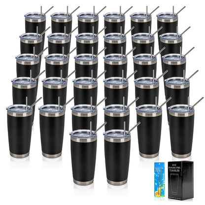 IEOVIEE 32 Pack, 20oz Stainless Steel Bulk Tumblers with Lids and Straws, Double Wall Insulated Travel Coffee Mug, Durable Powder Coated Tumbler Bulk Cup for Cold and Hot Drinks(Black)