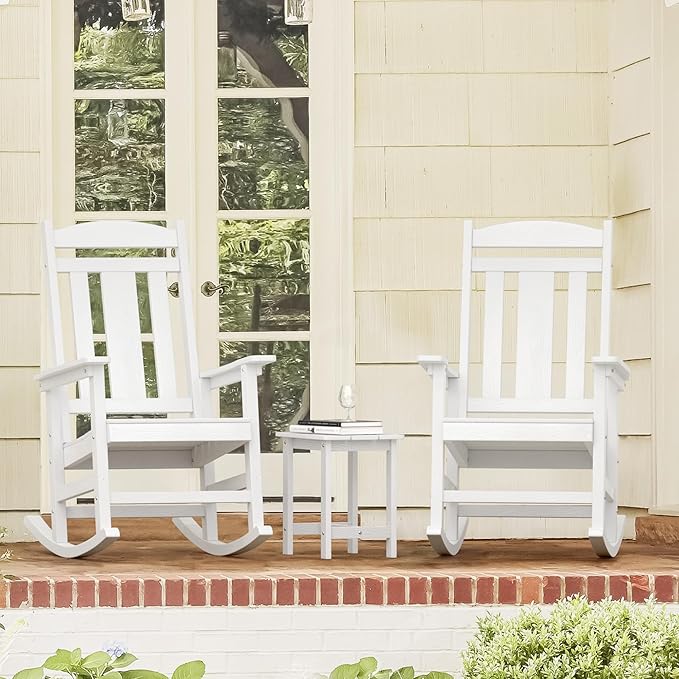 LUE BONA Outdoor Rocking Chairs Set, 3-Piece, HDPS Poly Porch Rockers with Table, Plastic Weather Resistant Rocking Chair Set for Outdoor Indoor, Garden, Backyard, 350lb,White Chairs+Table
