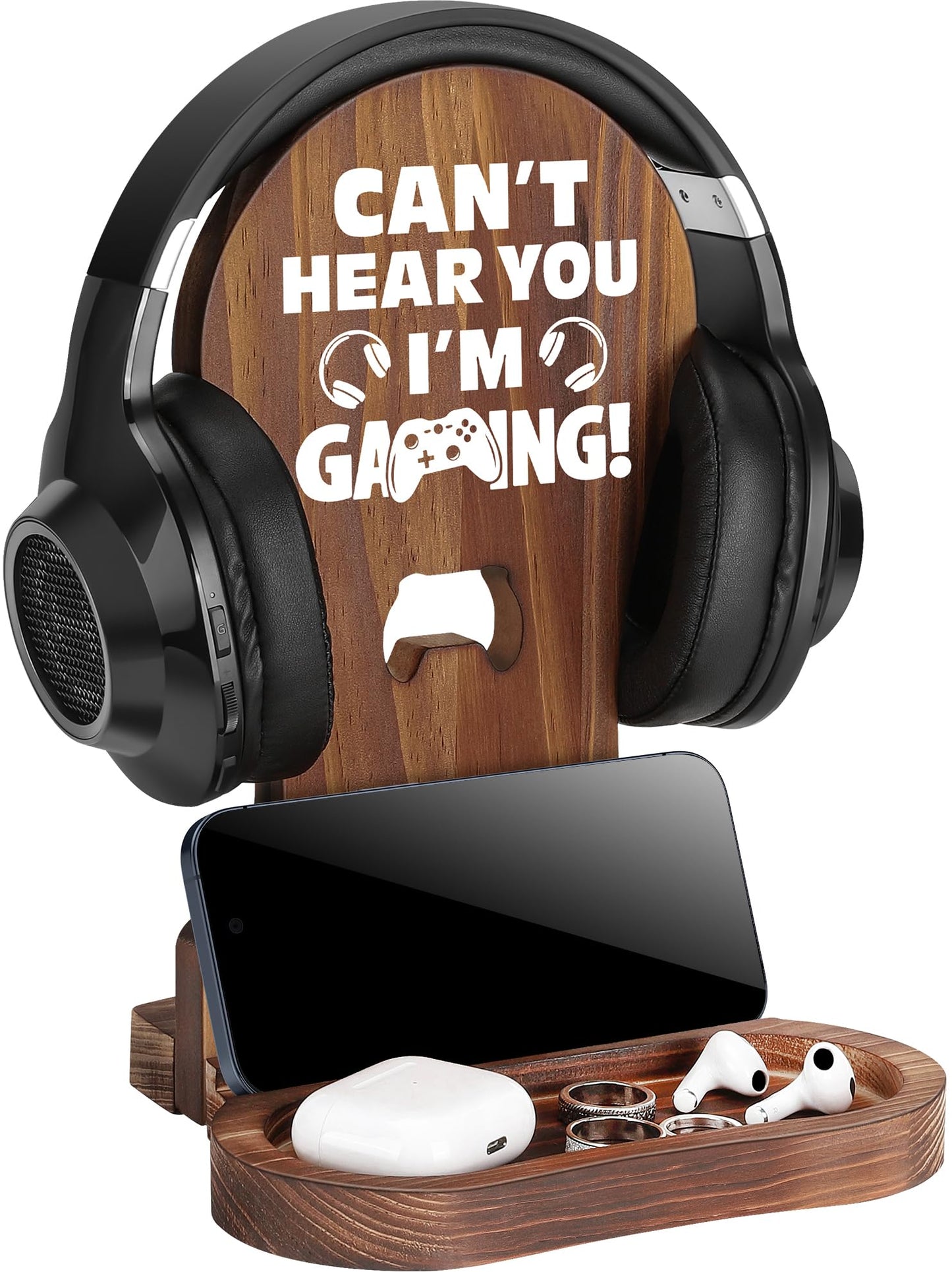 Slothoem-Gamer Gifts for Men Teenage Boy, Gamer Room Decor for Brother, Gaming Gifts for Son, Boyfriend, Husband, Gamer Room Accessories Stuff, Wooden Headset Stand - Can't Hear You I'm Gaming