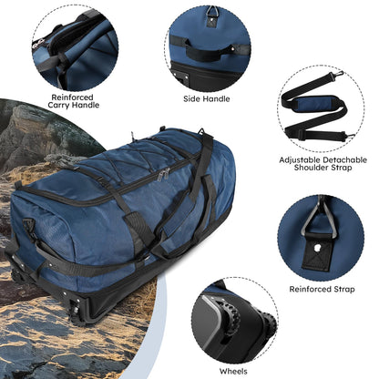 Vrtisa 110L Expandable to 140L 32” Foldable Oxford Soft-Sided Rolling Duffle Bag with 2 Heavy-Duty Wheels,2 Large Compartments,Adjustable Shoulder Strap and Attached Organizer Pouch,Navy Blue