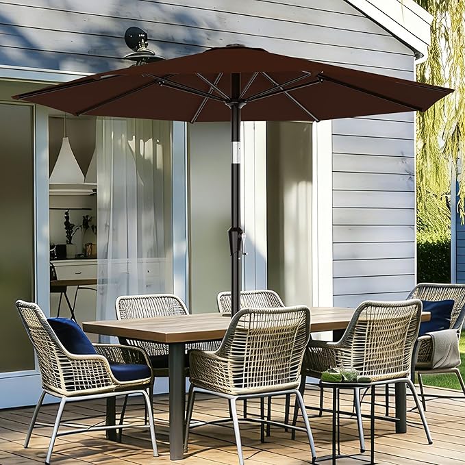 AreShark 9 FT Patio Umbrella for Outdoor, Outdoor Table Umbrella with Push Button Tilt and Crank, Outdoor Patio Umbrellas with 8 Sturdy Ribs for Market, Garden, Pool (Brown)