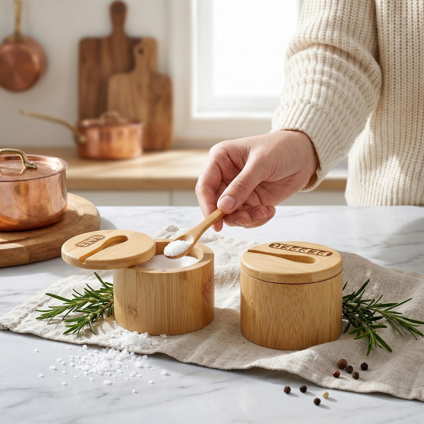 Lawei 2 Pack Bamboo Salt and Pepper Bowls, Round Salt Container with Magnetic Swivel Lids and Spoons, Bamboo Salt Cellars, Seasoning Storage Holder Box for Salt, Pepper, Sugar, Spice