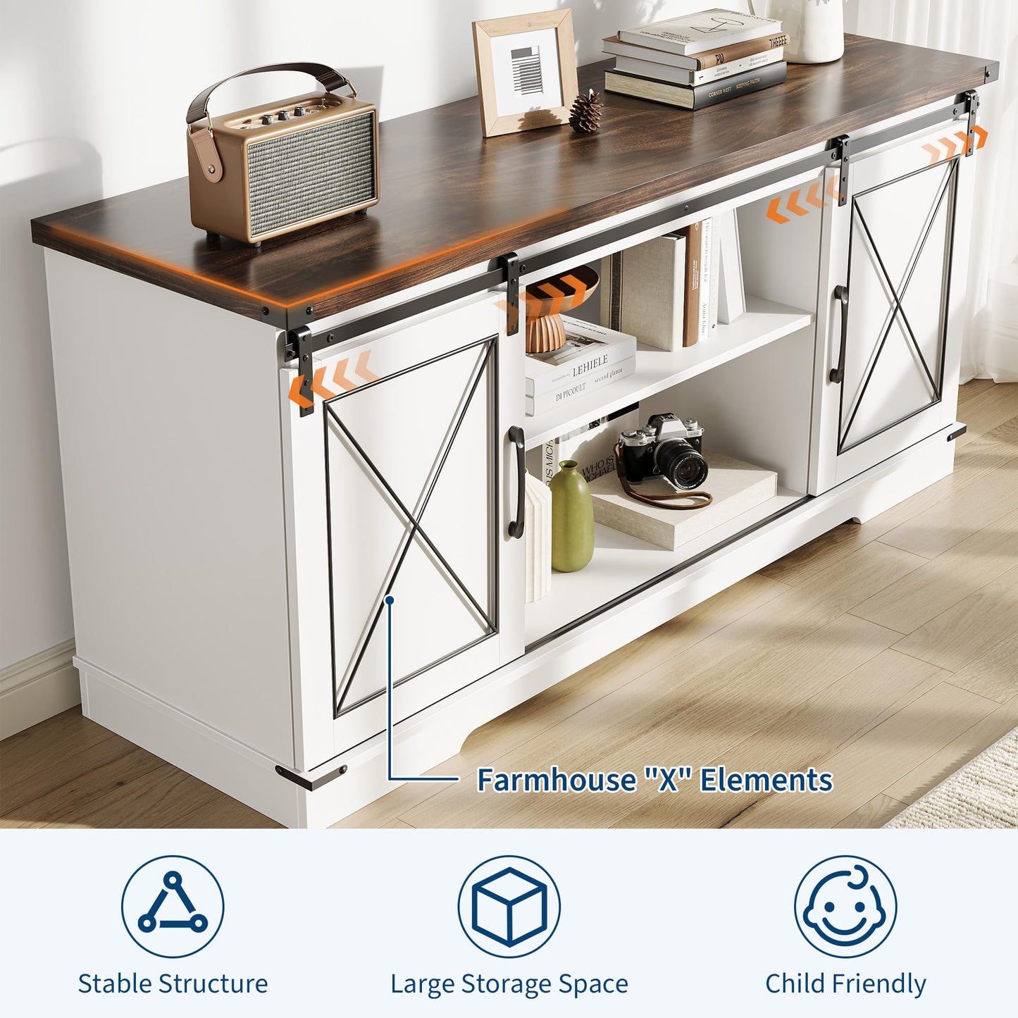 IDEALHOUSE Farmhouse TV Stand and Entertainment Center for Tv up to 65 inches with Sliding Barn Doors, Tv Media Console Table with Storage Cabinet for Living Room, White & Brown
