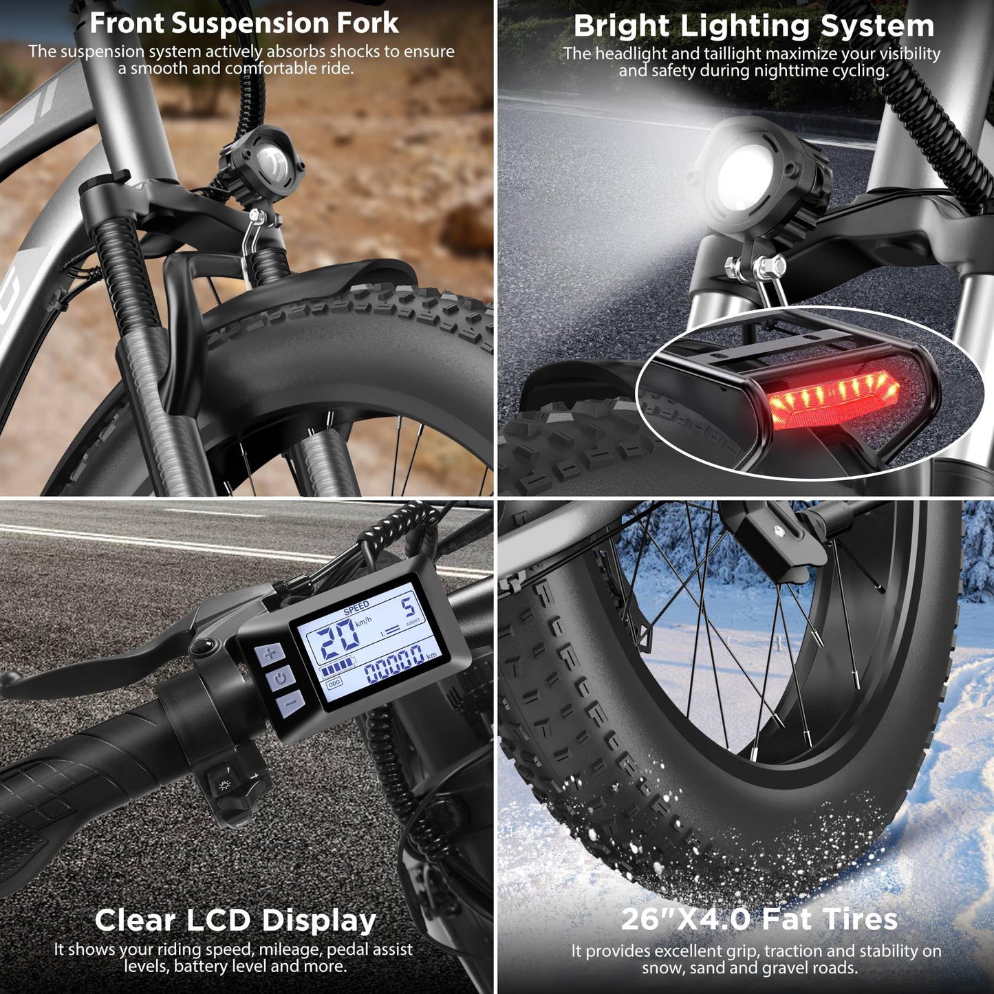 Funhang Electric Bike for Adults, 1000W Peak Ebike, 20MPH 60Miles Electric Mountain Bike, 26" Fat Tire Electric Bicycle with 48V 13AH Battery, Front Suspension,7 Speed, Rear Rack, UL 2849 Certified