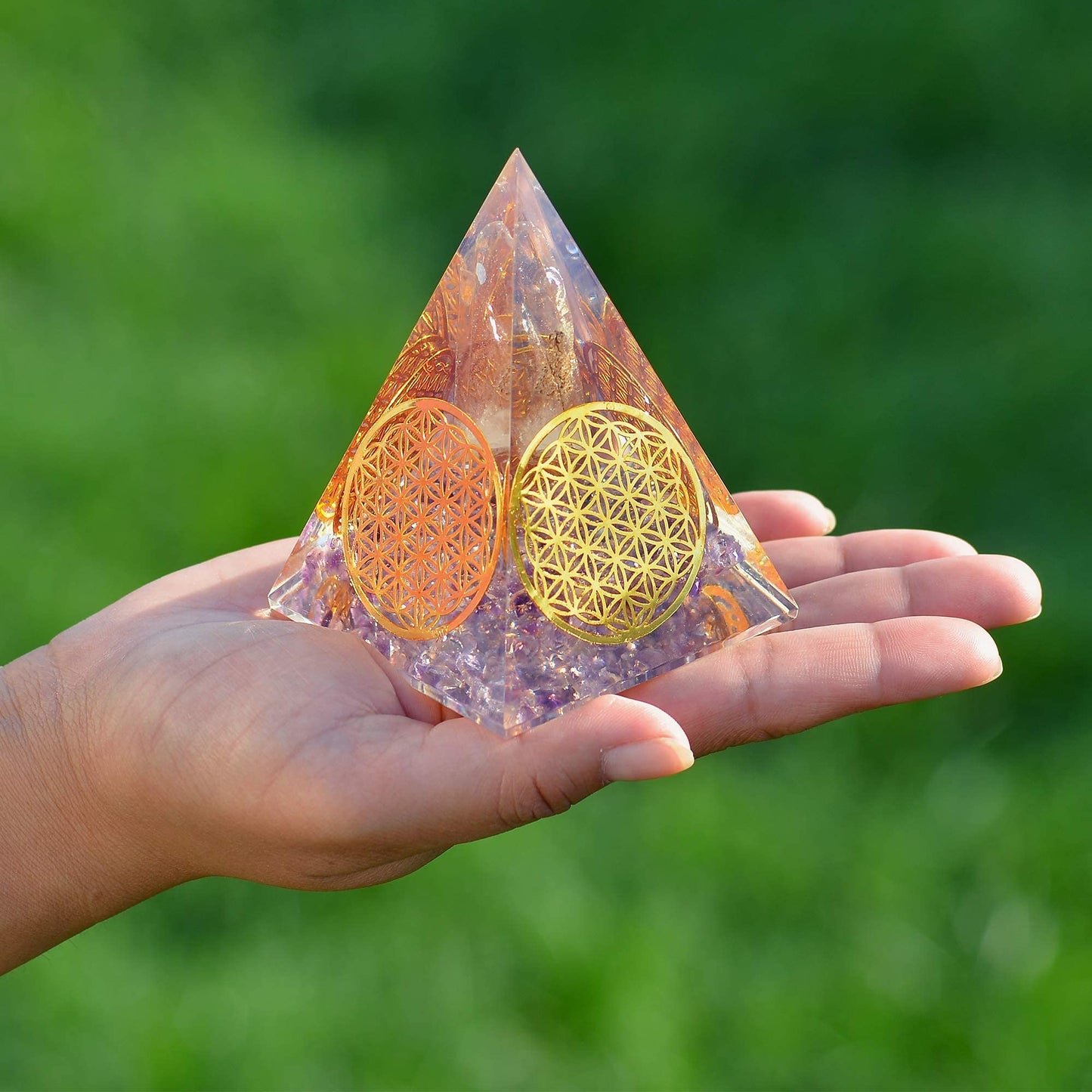 Orgonite Crystal Handmade Amethyst Pyramid with Flower of Life Symbol – Resin Decor for Meditation, Yoga, Chakra Balancing, Spiritual Gift, Desk or Home Display