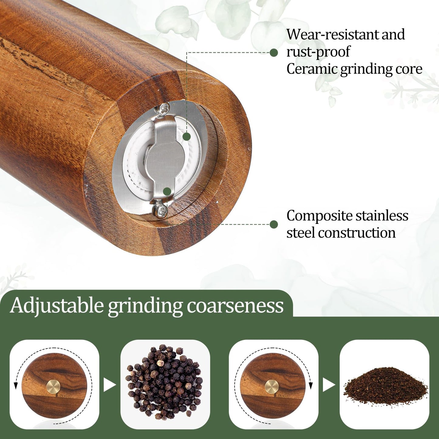 2 Pack Wooden Salt and Pepper Grinder Set,8.46 inch Adjustable Coarseness Manual Salt and Pepper Mill with Brush and Spoon,Acacia Wood Refillable Grinders for Kitchen Christmas Home Gift
