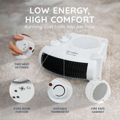 CUQOO Powerful 2KW Fan Heater with 2 Heat settings & Cool Function - Upright Electric Quiet Space Heater for Home with Variable Thermostat, Low Energy Usage