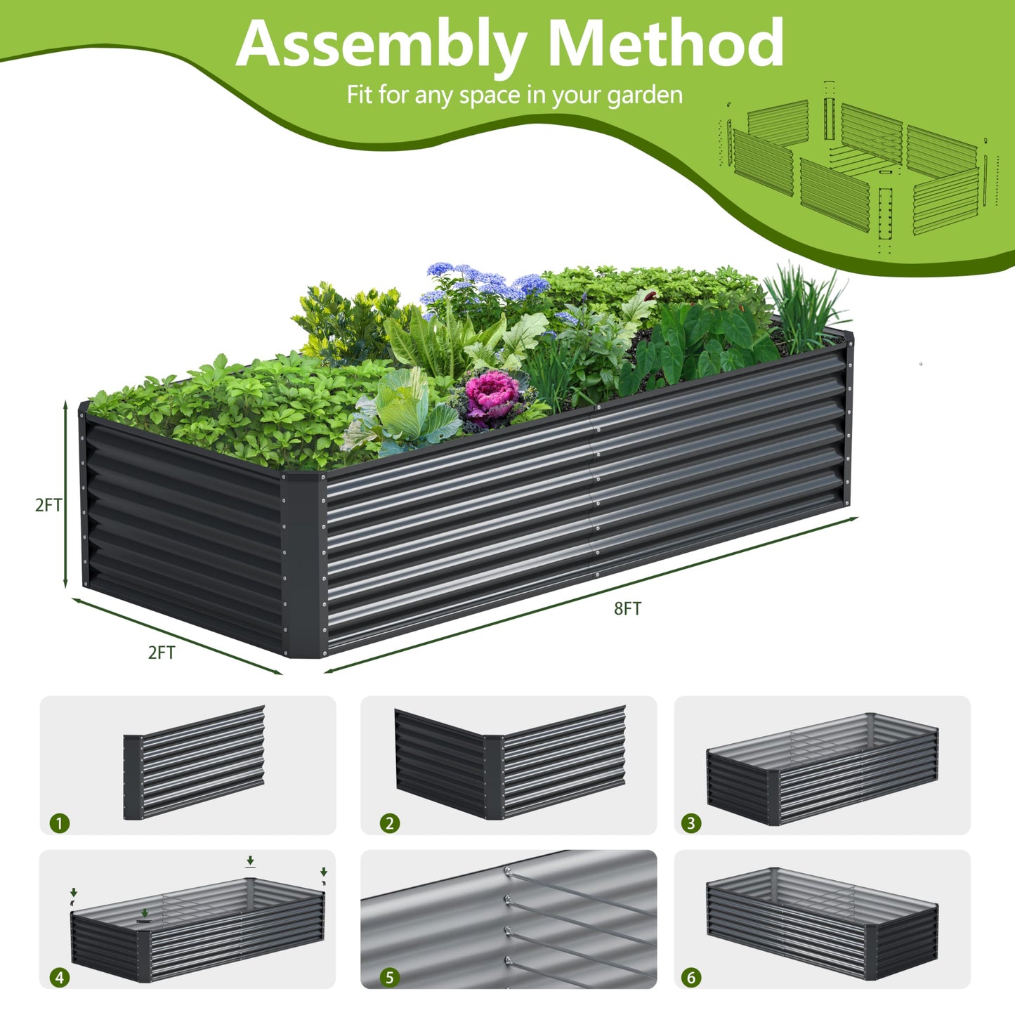 Ayen Guard 8x2x2FT Galvanized Raised Garden Bed,Galvanized Planter Boxes Outdoor, Large Metal Raised Garden Beds for Vegetables-Grey