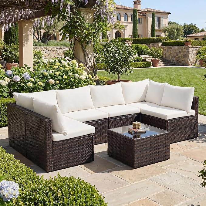 DUMOS 7 Piece Outdoor Patio Sectional Sofa, Modular Wicker Furniture Set