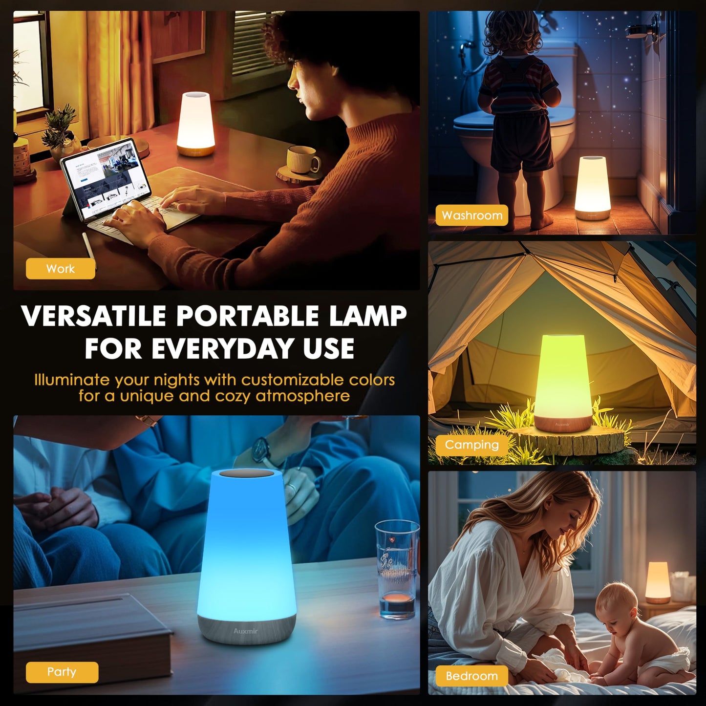 Auxmir Night Light, LED Touch Bedside Table Lamp, Remote Control Dimmable Light with RGB Color Changing, USB Rechargeable, Portable Lamp for Children, Kids, Bedroom, Living Room, Camping