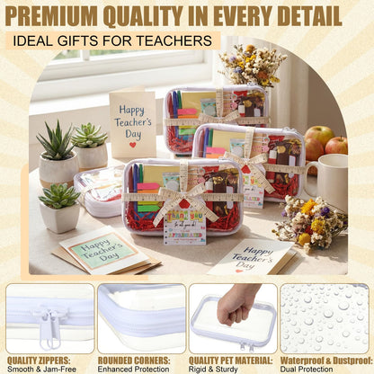 Pickmesh 6 Sets Teacher Appreciation Gifts Box Clear Hard Shell Zipper Case with Thank You Cards and Ruler Ribbon Paper Shred Filler for Gift Wrapping Teacher Appreciation Week Graduation Present