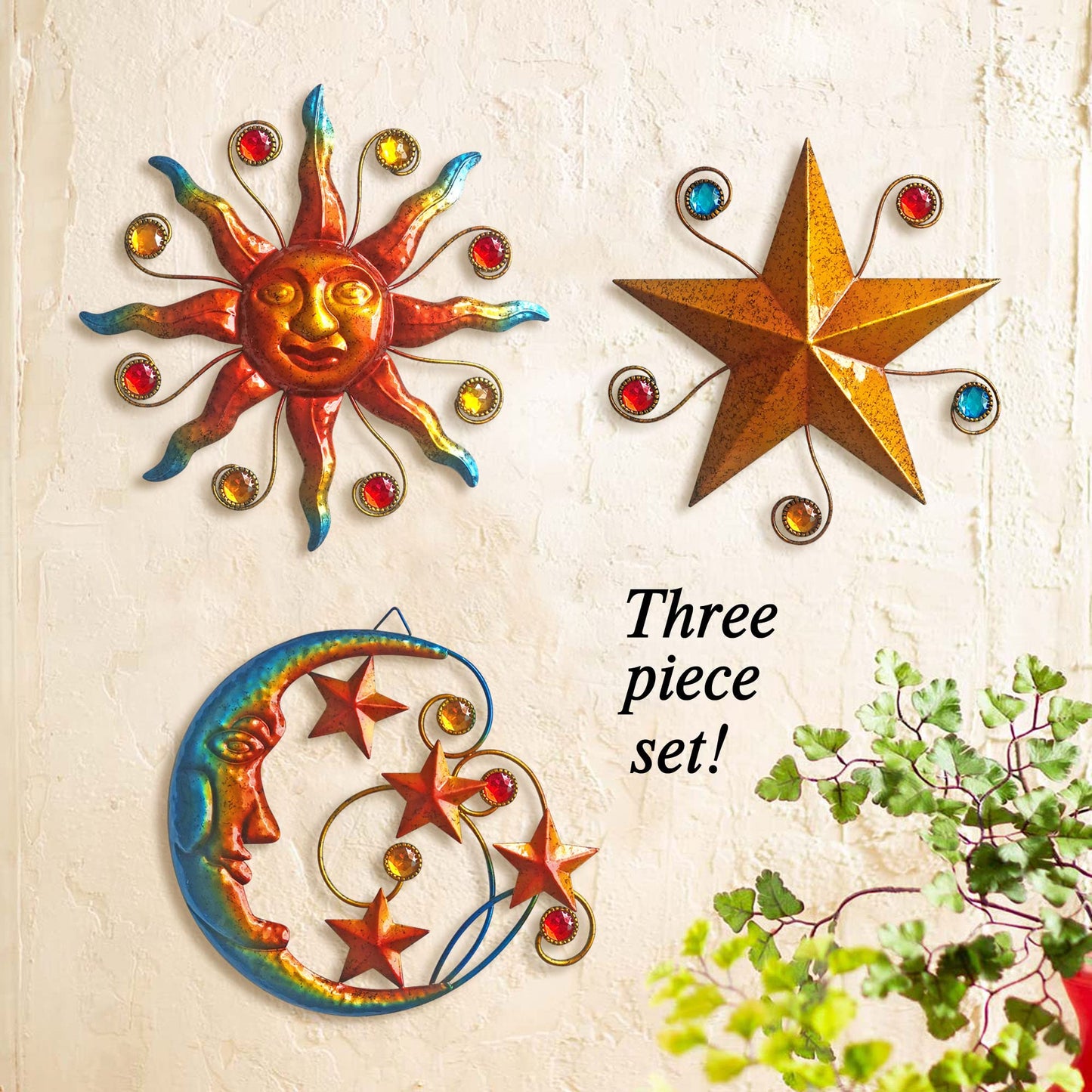Limygus Set of 3 Celestial Sun Moon Star Metal Silhouette Wall Art, Waterproof Hanging Decor for Home Bedroom Bathroom Office