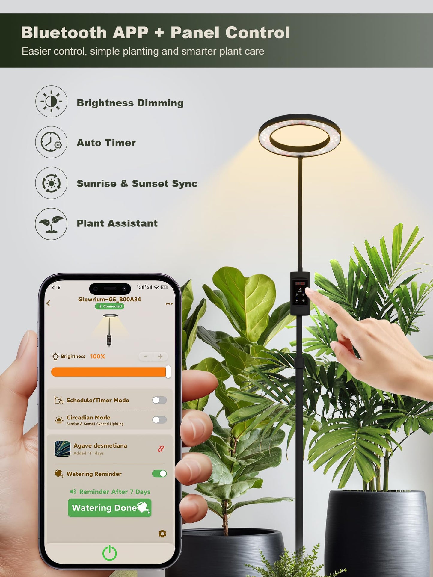 GLOWRIUM Smart Grow Lights for Indoor Plants, 24W Full Spectrum Plant Lights with Bluetooth App, Adjustable Height 47-70.9", Auto Timer, Indoor Plant Lamp for Large Tall Plants（Black 24W）