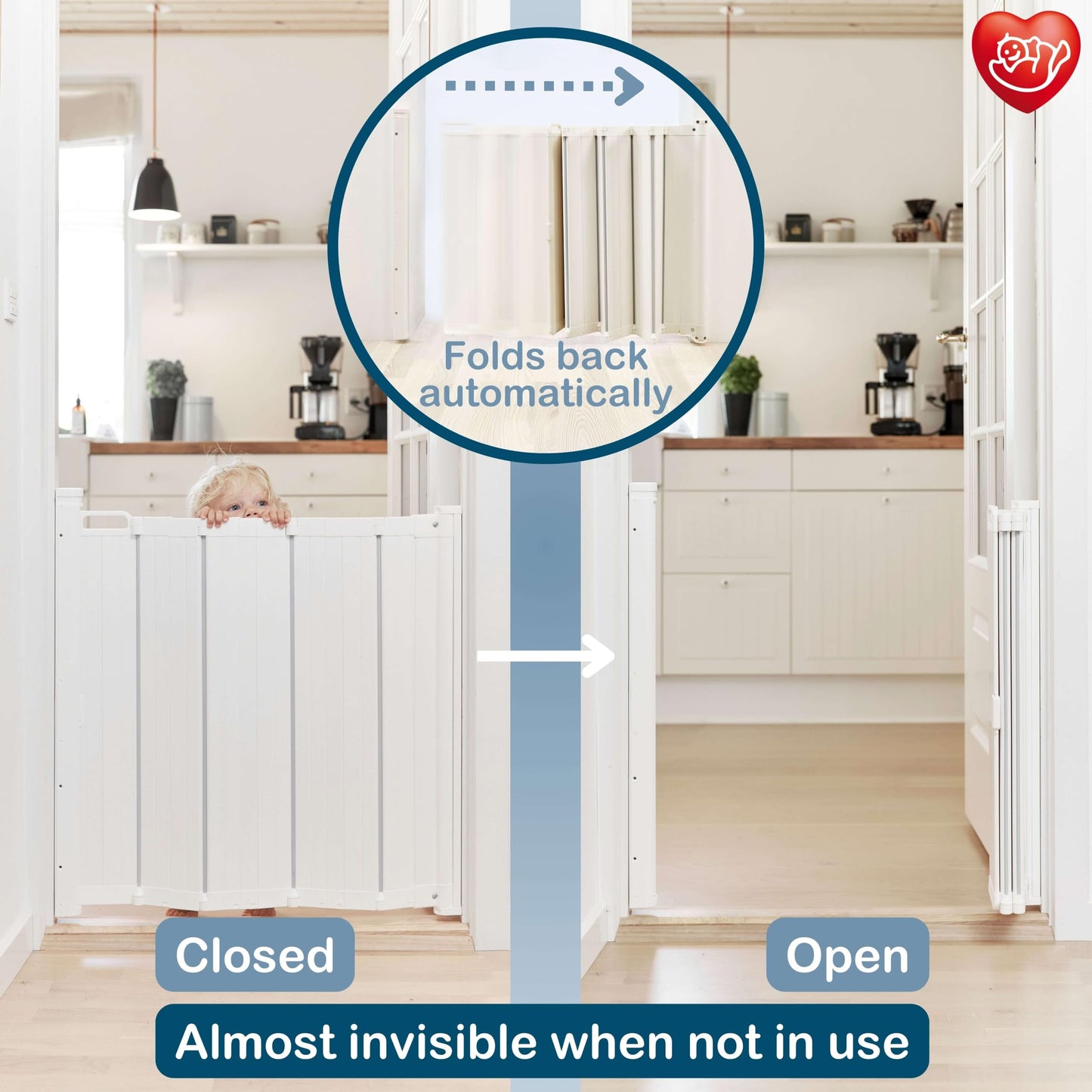 BabyDan - Guard Me Auto Retractable Stair Gate, 55-89 cm width, One-Hand Operation Safety Gate, Child and Pet Gate, White, Made in Denmark