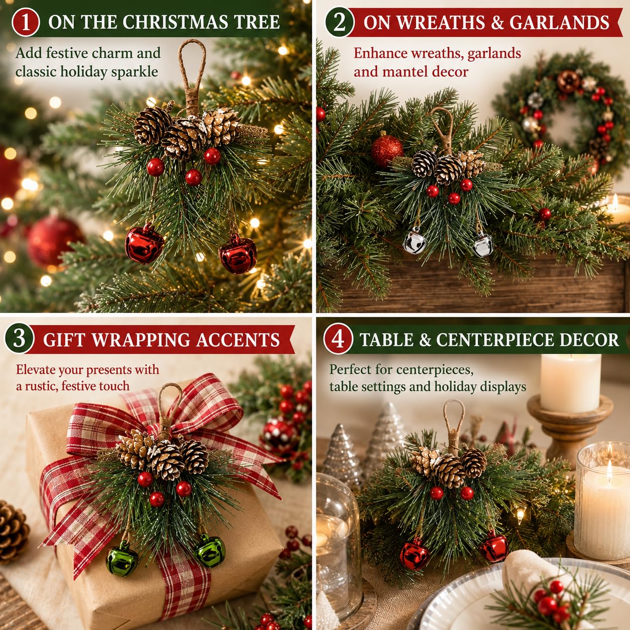 Christmas Bell Ornaments Set of 9 – Red, Green & Silver Jingle Bells with Pine Cones, Red Berries & Snowy Pine Greenery, Farmhouse Christmas Tree Decorations, Holiday Crafts & Wreath Accents, 6 Inch