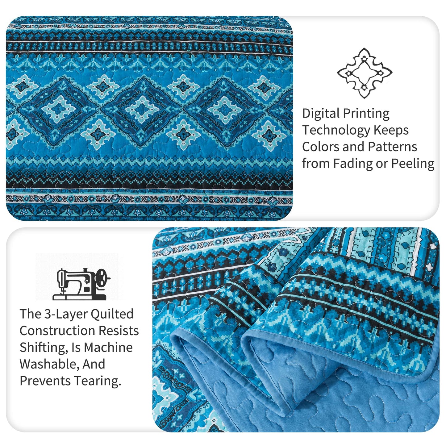 TWINRUN Cotton Quilts California King Size Set, 3 Pieces California King Quilt Bedding Set (108 x 118 Inch), Lightweight Boho Oversized King Size Bedspread, Blue Stripes Cotton Quilts for All Seasons