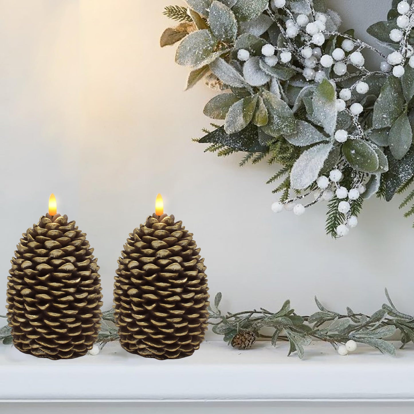 CVHOMEDECO. Pine Cone Candles Battery Operated Pinecones with Remote and Timer, Pine Cones Candle LED Flameless Flickering Candles for Fall, Christmas Decor. Golden-Brown, H 6.5 Inch, Pack of 2