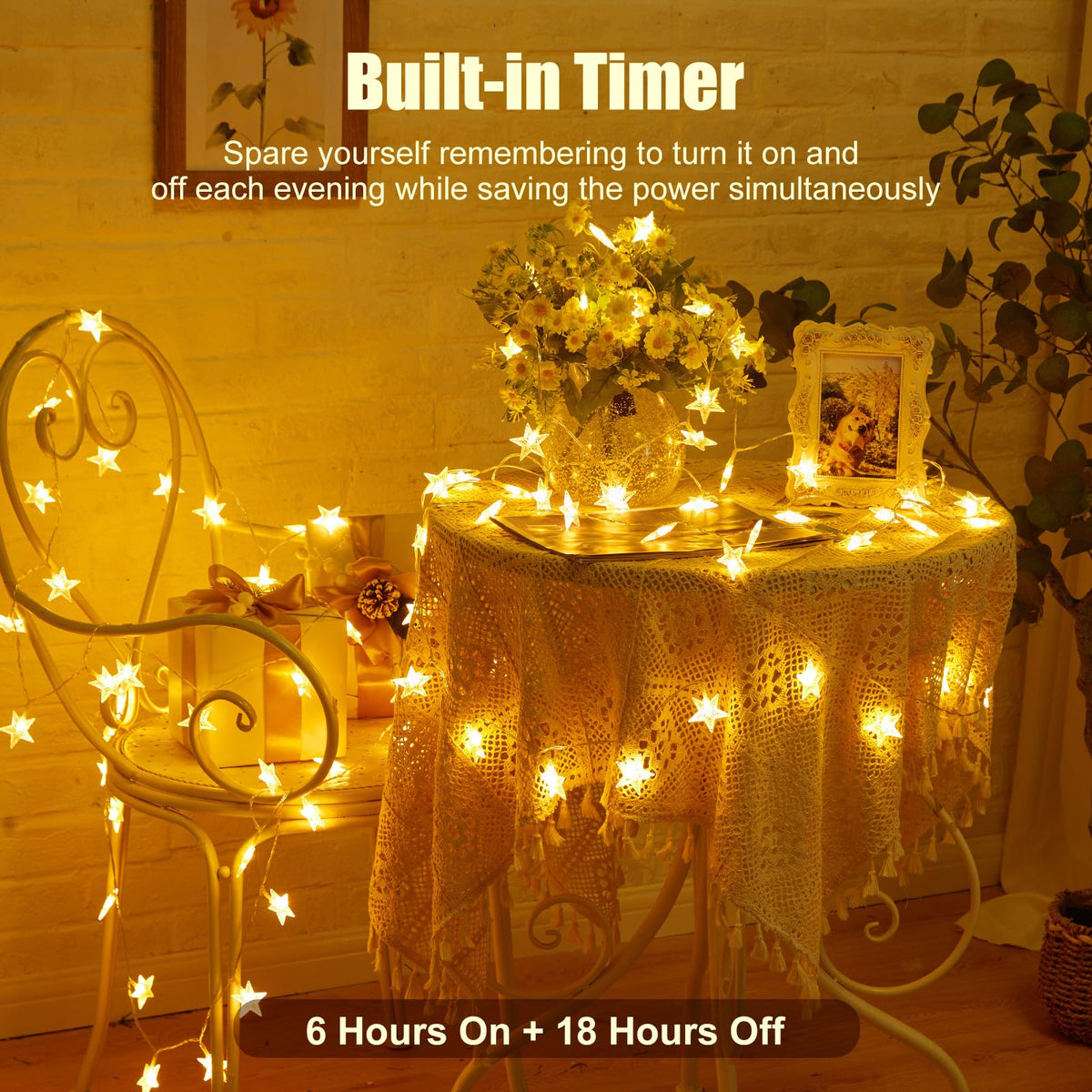 Minetom Star String Lights Battery Operated - 17 ft 50 LED Star Fairy String Lights with Timer, Waterproof for Indoor Bedroom Tent Loft Bed Patio Party Wedding Ramadan Decorations, Warm White