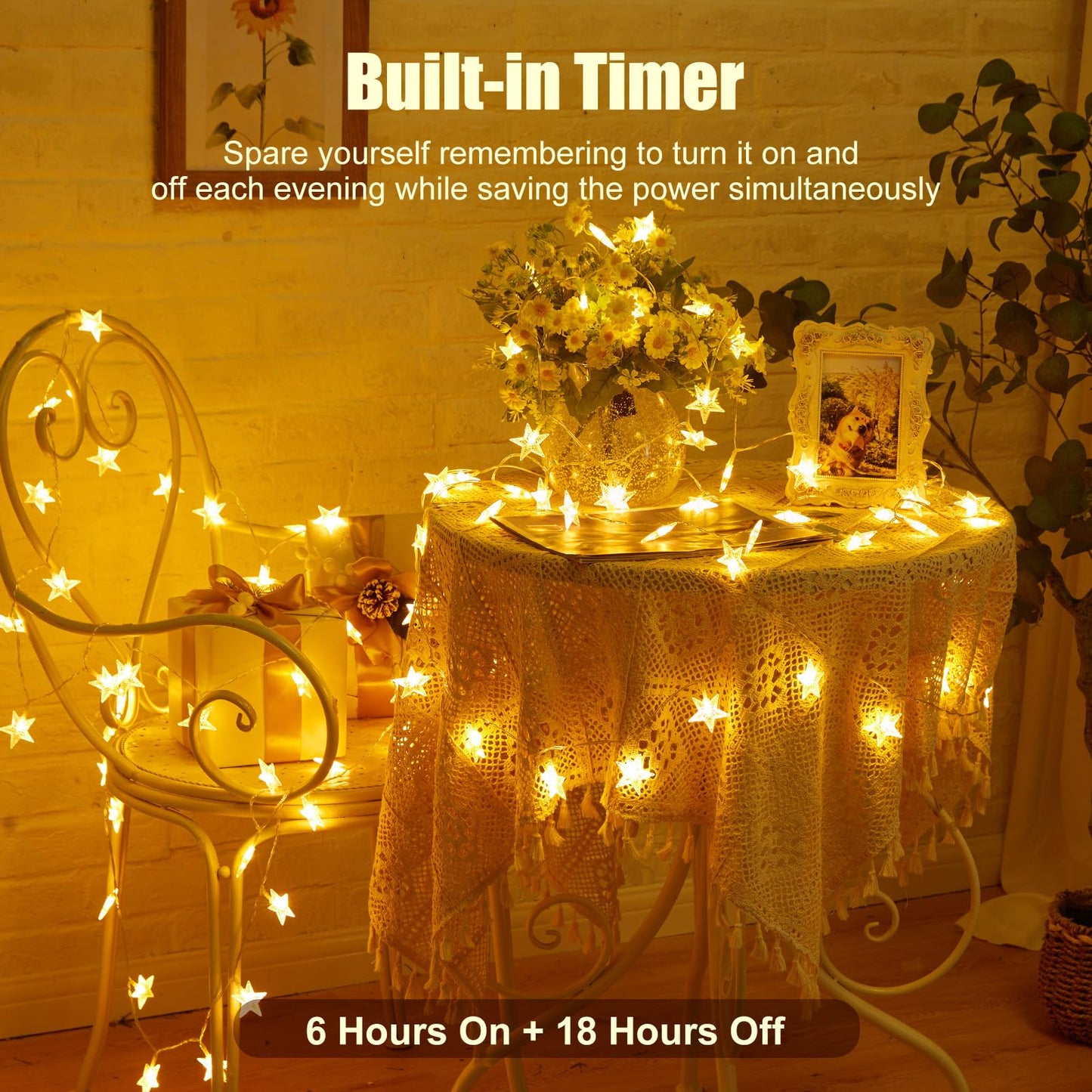 Minetom Star String Lights Battery Operated - 17 ft 50 LED Star Fairy String Lights with Timer, Waterproof for Indoor Bedroom Tent Loft Bed Patio Party Wedding Ramadan Decorations, Warm White