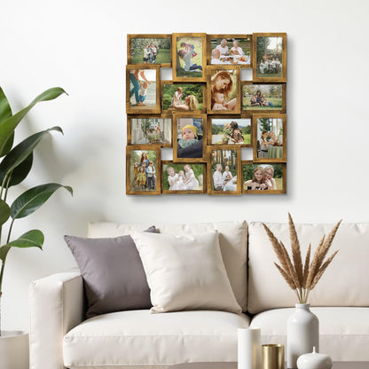J.M.Deco Collage Picture Frames for Wall 16 Opening, Large Photo Frame Collage Wall Hanging for 4x6 Photo, Reunion Friends Family Memory, Christmas Gift - Retro Gold