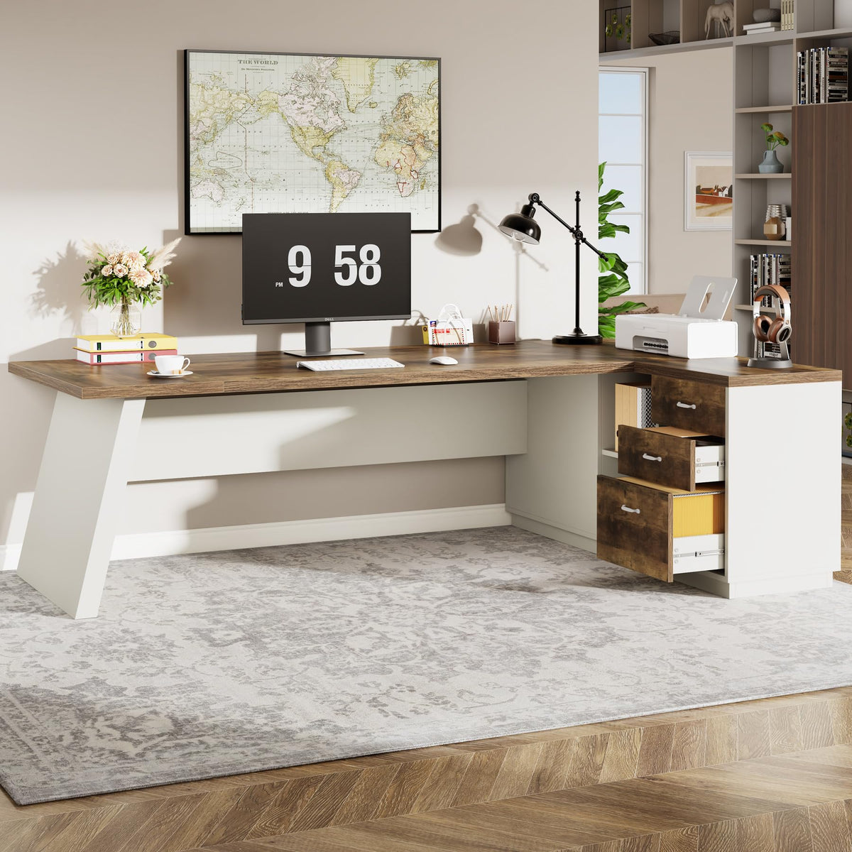 Tribesigns 78" L-Shaped Executive Desk, Large Modern Office Desk with Drawers and Lateral File Cabinet, Business Furniture with Storage Shelves, Big Computer Desk for Home Office (Brown + White)